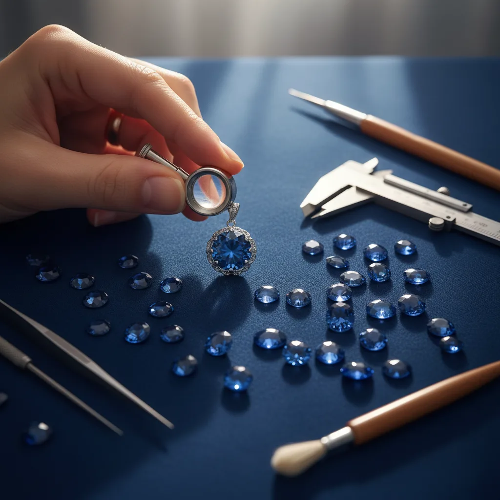 Loupe de gemmologue examinant un saphir bleu taillé en ovale