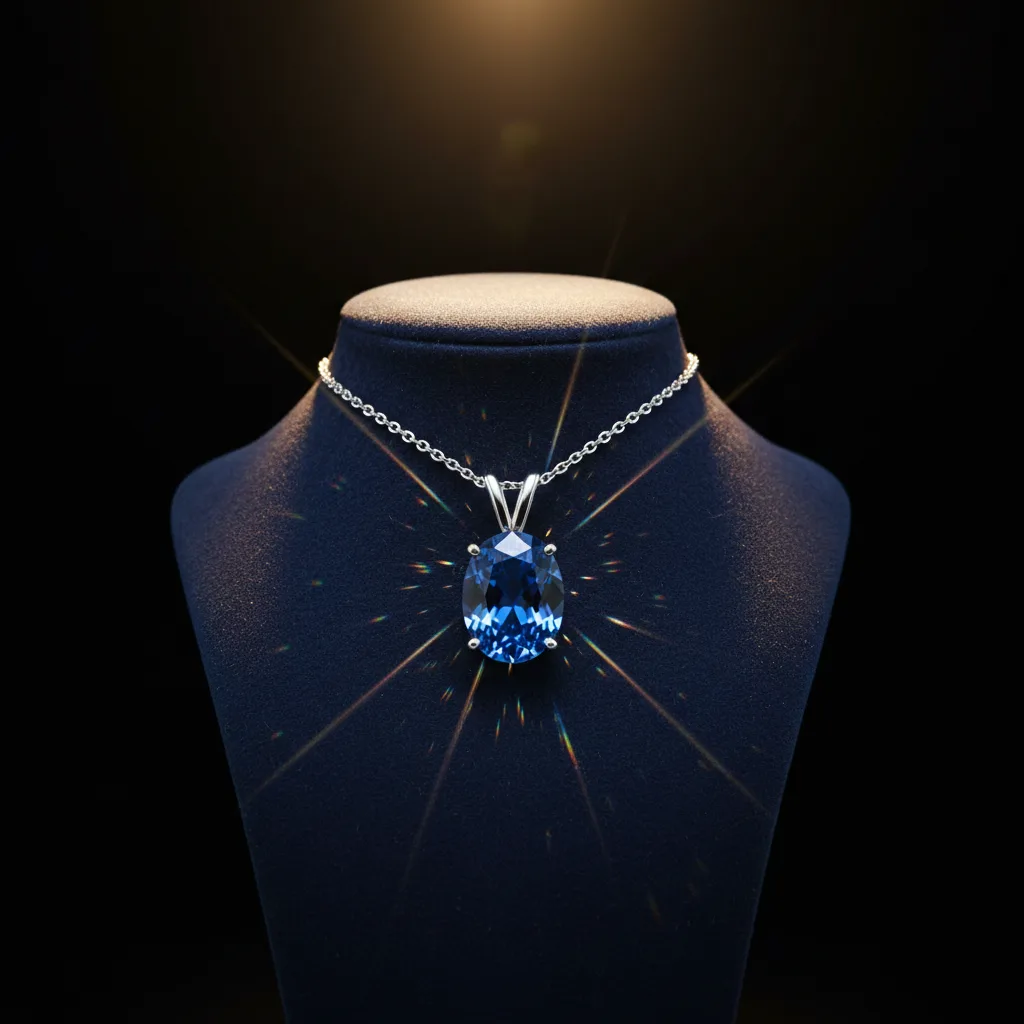 Gros plan sur un pendentif saphir bleu serti en or blanc